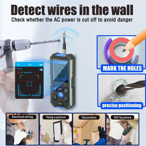 Stud Finder Wall Scanner4 in1Wall Stud Detector of AC Wire Wood Metal Studs showing AC detection mode and drilling tools.
