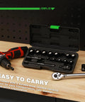 Shallow Magnetic Impact Socket Set For Three Eighths Inch Drive, 16 Piece, in molded case with drill and wrench on workbench.
