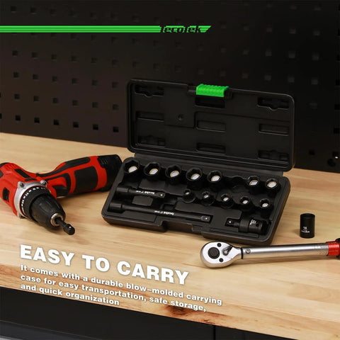 Shallow Magnetic Impact Socket Set For Three Eighths Inch Drive, 16 Piece, in molded case with drill and wrench on workbench.