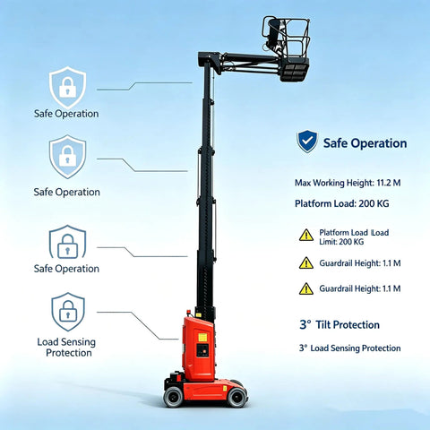 Electric Self Propelled Vertical Mast Boom Lift with articulated jib, 29.5 ft platform for safe indoor use.