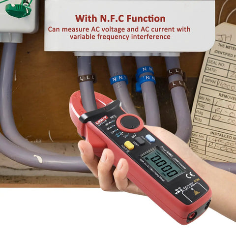 Clamp Meter Multimeter With Non Contact Voltage Tester For 2A AC DC in use, measuring AC voltage on electrical panel UT210E