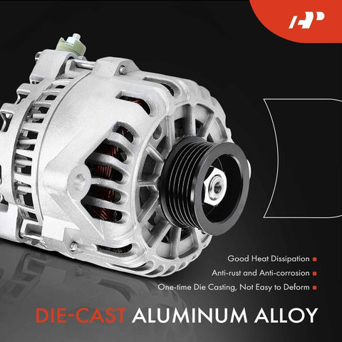 Beefed-Up 110 Amp 12V Clockwise Alternator Replacement For Ford Taurus 2003-2006 And Mercury Sable 2002-2005 3.0L OHV Engine High Output Charging Upgrade Direct Fit Easy Install Built To Last Keeps Charging Strong, showing die-cast aluminum alloy housing and pulley