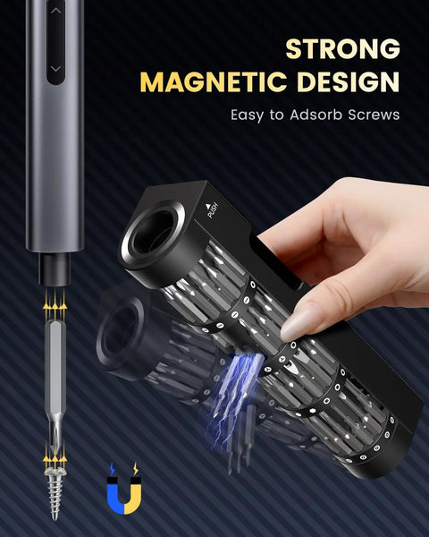 Hand holding 51 In 1 Electric Screwdriver Set with magnetic driver bits and LED light for electronics repair.