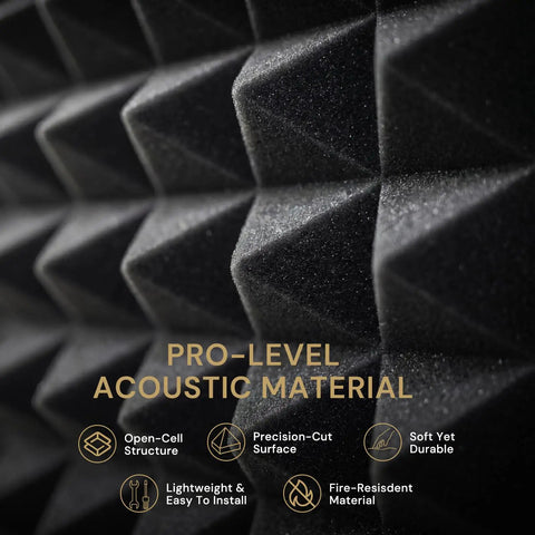 Close-up view of pyramid acoustic foam panel showing texture for Acoustic Panels 50 Pack 2x12x12 No Drill Required Pyramid Foam For Walls And Home Studio Noise Reduction Echo Control Kit With 300 Reusable Double Sided Adhesive Squares For Easy Peel Install.
