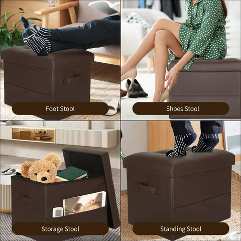 Leather Storage Ottoman Foot Rest Stool 17x13x13 Inches with foldable design used as foot, shoes, storage, and standing stool.