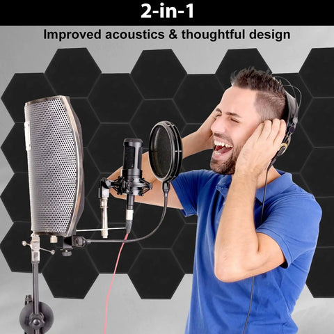 12 Pack Hexagon Acoustic Foam Panels Self Adhesive Sound Proof Wall Tiles High Density Noise Reducing Decor For Gaming Rooms Studios And Home Theaters Kill The Reverb And Get Your Game On with microphone setup.