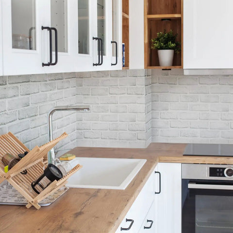 Peel And Stick Dope Faux Brick Wallpaper 17.7 By 118.1 Inches White And Gray Removable Self Adhesive Brick Wall Cover for kitchen backsplash.