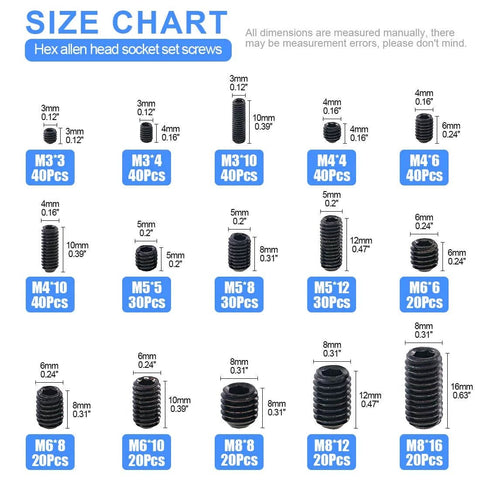 Size chart of 450Pcs M3 M4 M5 M6 M8 Allen Head Socket Set Screws Kit, featuring various dimensions and quantities.