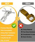 Comparison of washer door lock hook assembly showing difference in materials, with our durable part versus competitor's