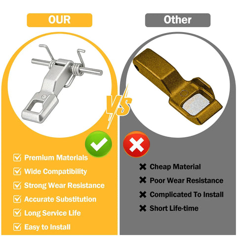 Comparison of washer door lock hook assembly showing difference in materials, with our durable part versus competitor's