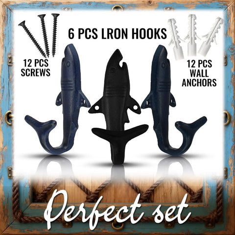 Kick It Up A Notch With These Six Piece Cast Iron Shark Tail Wall Hooks For Hanging Hats Keys Bags And Jackets Strong Beach Vibes To Spice Up Your Chill Coastal Retreat Or Lakeside Cabin Spot, showing three shark tail hooks and screws.