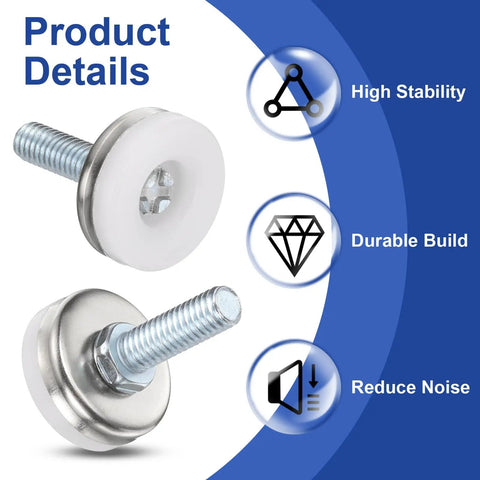 Five Sixteenth Inch Eighteen Thread Adjustable Furniture Levelers Set of Four Silver Screw In Feet, product details highlighted