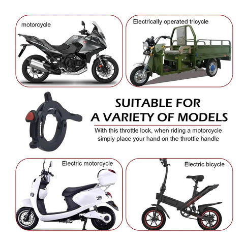 Universal Motorcycle Throttle Assist Black One Button Cruise Control Brace That Squashes Arm Cramping Boosts All Day Chill Riding For Smooth Throttle Control And Reliable Grip on various models including electric tricycles.