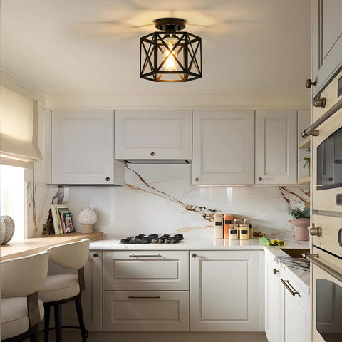 Kitchen with Must Have Industrial Black Hexagon Farmhouse Ceiling Light Fixture, Semi Flush Mount, 9.5 Inch, elegant ceiling pattern