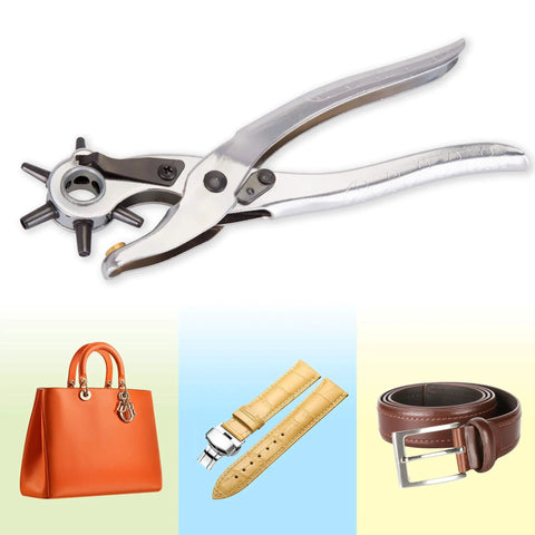 Pro Grade Leather Hole Punch Set For Belts Watch Bands Straps Dog Collars Saddles Shoes Fabric And DIY Projects 9 Inch Handy Punch Tool For Leather Craft And Home Builds with images of a handbag, watch strap, and leather belt.
