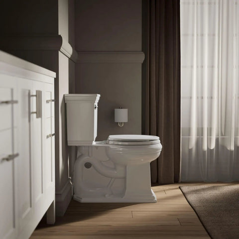 Bathroom with standard toilet featuring Stonewood Round Wood Toilet Seat With Color Matched Hinges For Standard Toilets White Compression Molded Wood Design.