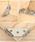 Built Tough Stainless Steel Corner Braces 40 Piece Set Large angle brackets attached at corners of wood for strong shelf support.
