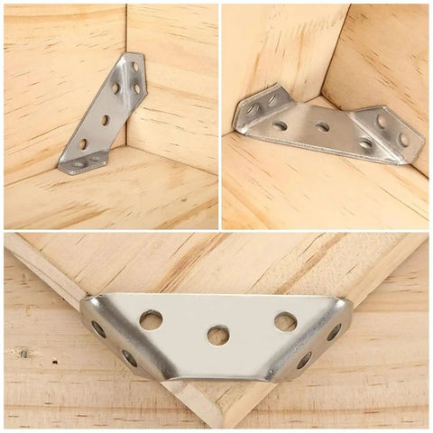 Built Tough Stainless Steel Corner Braces 40 Piece Set Large angle brackets attached at corners of wood for strong shelf support.