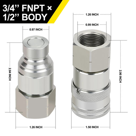 ANCIMOON 3/4'' FNPT x 1/2'' body skid-steer hydraulic quick-connect fittings, includes 2 dust covers, chrome-plated metal