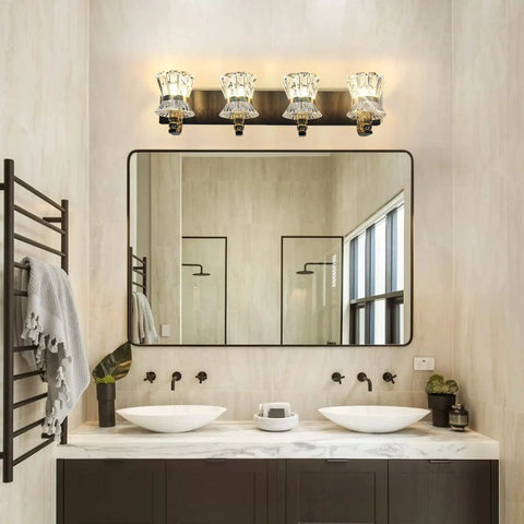 4 Light Rose Gold Sparkling Glass Bathroom Vanity Light Above Mirror With Lamp Shade UL Certified 27 Inch Long Vanity Fixture
