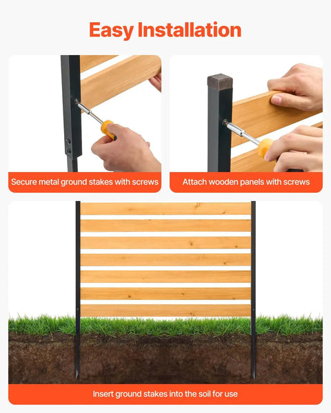 Wood Privacy Fence Screen For Outdoor AC Unit And Trash Can In Your Yard 39 Inch Wide By 61 Inch Long One Panel Pool Equipment Enclosure with metal stakes and DIY installation steps.