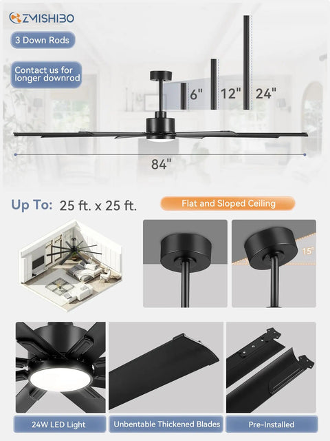 84 Inch Industrial Ceiling Fan With Lights, Large Black Ceiling Fan With 3 CCT, 8 Reversible Aluminum Blades, Quiet DC Motor