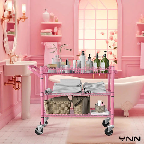 Built Tough Pink Rolling Cart Three Tier Heavy Duty Metal Utility Shelf With Smooth Rollin Wheels And Easy Grip Handle in bathroom