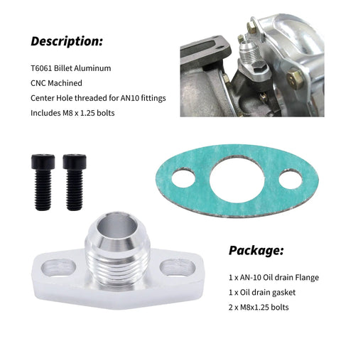 AN10 Turbo Oil Return Drain Flange Adapter Kit For Garrett GT28 GT30 GT35 T25 Turbos Billet Aluminum with gasket and bolts