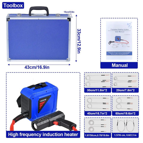Heavy Duty 1800W Induction Heater Kit with blue toolbox, manual, and swappable coils for quick heat and bolt extraction.