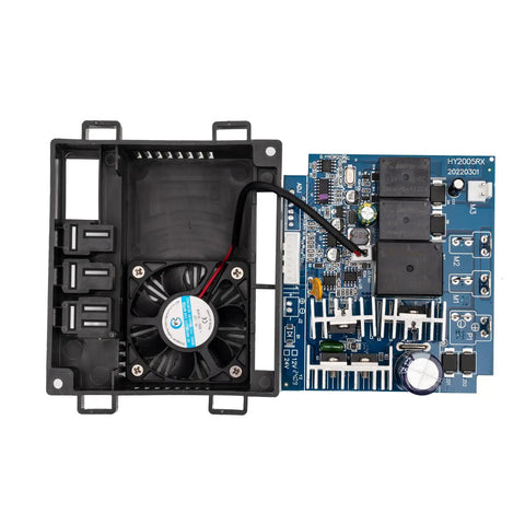 Rig Ready Slick 24V Control Box Kit For Kids Electric Ride On Cars With Integrated Slow Start Receiver And 7 Pin Socket Driver Module Replacement Part showing circuit board and cooling fan.