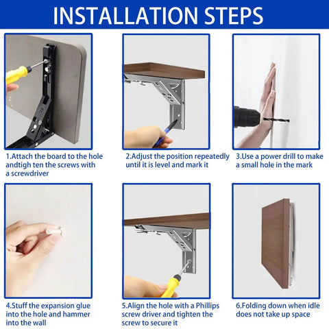 Installation steps for Heavy Duty Folding Shelf Brackets 2 Pack 18 Inch Black Wall Mounts for various setups.