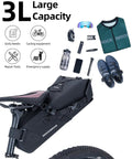 Expandable Waterproof Bikepacking Saddle Bag With 3L Capacity Large Seat Bag For Cyclists shown with cycling gear and storage options.