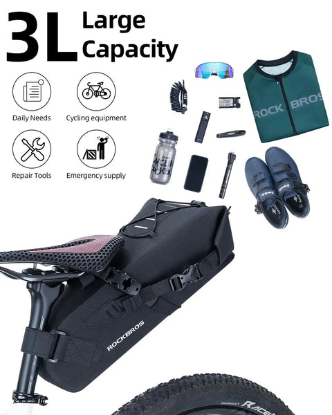 Expandable Waterproof Bikepacking Saddle Bag With 3L Capacity Large Seat Bag For Cyclists shown with cycling gear and storage options.