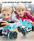 Kids playing with Amphibious RC Shark Car 1:14 Scale, 2.4GHz 4WD Waterproof All Terrain Monster Truck on living room floor