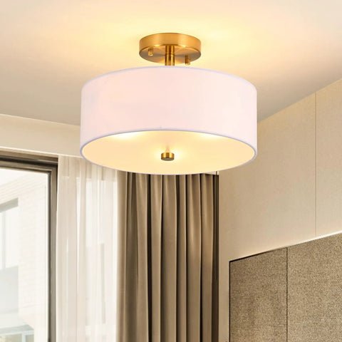 3 Light Gold Drum Semi Flush Mount Ceiling Light With White Fabric Shade, Modern Close To Ceiling Fixture For Bedroom Living Room Kitchen Hallway Entryway, Frosted Glass Diffuser, Dope Brushed Gold Finish