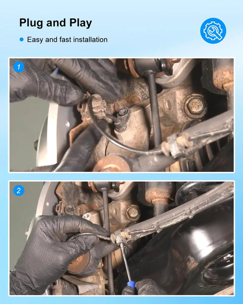ABS wheel speed sensor installation: two close-up views of sensor and wiring at the wheel hub (steps 1–2)