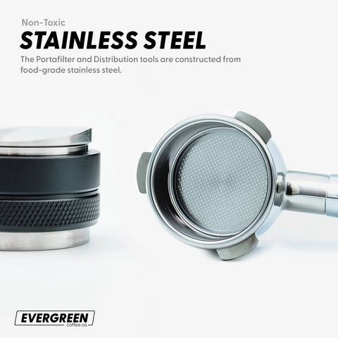 Bottomless 54mm Portafilter Kit With 53mm Distributor And Tamper For Breville Barista Express Pro Touch And Other Breville Models Includes Tamp Mat And Bonus Filter Basket To Level Up Espresso Shots And Consistency, showing stainless steel construction and filter basket.