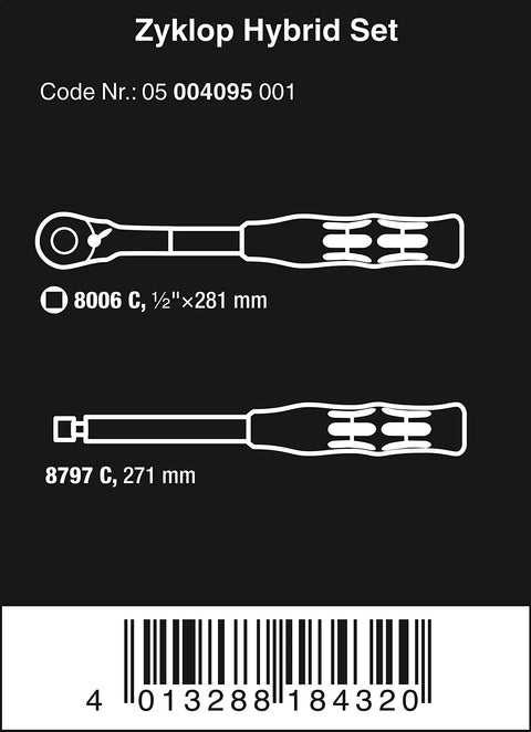Zyklop Hybrid Ratchet Set With Long Lever And Slim Head, 72-Tooth 5 Degree Return, One Half Inch Drive, Metric Tools, Extension Pin Included, German Craftsmanship For Pros And DIYers