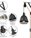 Vintage Industrial Wheel Pulley Wall Mount Lamp Set Of 2 With Plug In 7 Foot Brown Cord, detailed components on display