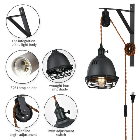 Vintage Industrial Wheel Pulley Wall Mount Lamp Set Of 2 With Plug In 7 Foot Brown Cord, detailed components on display
