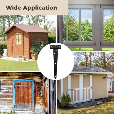 Set Of Six Heavy Duty T Strap Hinges For Barns And Fences Rock Solid Zinc Plated Iron Gate Hardware With Mounting Screws shown with multiple shed applications.