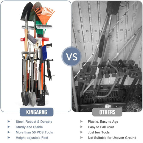 Comparison of Heavy Duty Corner Garden Tool Organizer showing sturdy black steel model holding multiple tools versus others