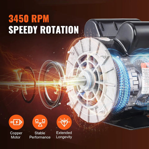 Beefed Up 2HP Single Phase Air Compressor Motor 115/230V 20/10A Open Drip Proof 56 Frame 3450RPM 5/8 Inch Keyed Shaft showing speedy rotation