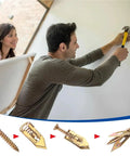 Self-Drilling Drywall And Concrete Anchor Kit With Easy Install Heavy Duty Screws In Yellow Zinc Plated Carbon Steel No Drill Holes Needed Rust Resistant Wall Anchors For Shelves TVs And Heavy Mounts, man installing wall anchor