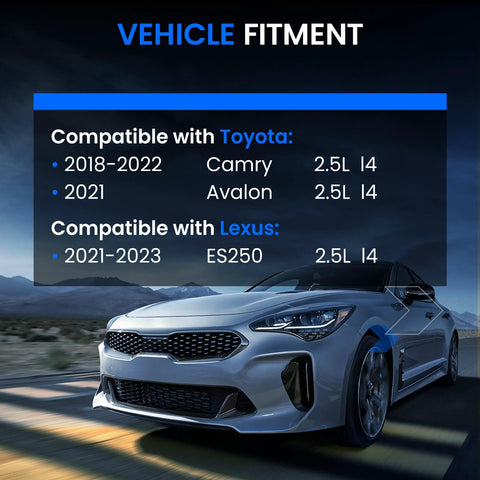 Vehicle fitment chart showing Toyota Camry 2018-2022, Avalon 2021, and Lexus ES250 2021-2023 for Front Wheel Bearing Hub Assembly with ABS.