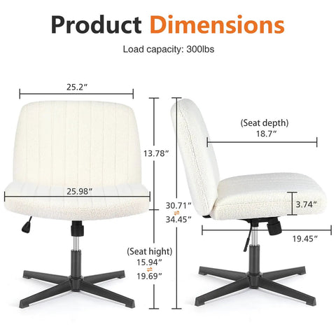 Dimensions of Criss Cross Furry Armless Office Chair With Wide Seat, Height Adjustable Vanity Desk Stool in Cozy Teddy Beige, 300lb capacity