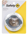 Packaging of Secure Mount Deadbolt Lock For Kid Safe Home Use No Adhesive Needed Behind Existing Hardware Dual Action System.