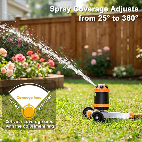 Gear Drive Lawn Sprinkler With Metal Wheel Base Built To Last Heavy Duty Six Pattern Water Sprinkler System for Big Area Watering