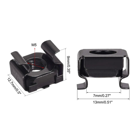 M5 X 0.8mm Snap In Cage Nuts Black Zinc Crash Lock Carbon Steel Rack Mount Hardware Metric dimensions shown, 50 Pce.