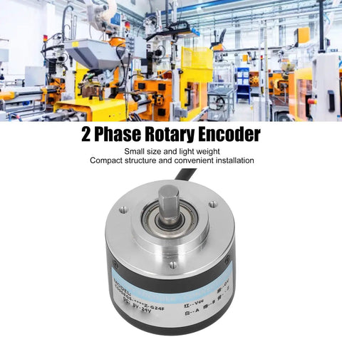 Beefy Two Phase Incremental Rotary Encoder With PNP Output DC 5 To 24 Volt Lightweight 50 Millimeter Outer Diameter For Robotics Or Automation Projects All Metal Gear Built Tough For Heavy Load IP50 with machinery background.